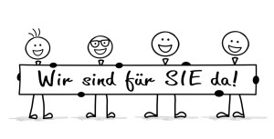 Illustration mit vier Personen und dem Text „Wir sind für Sie da“ zur persönlichen Computerberatung